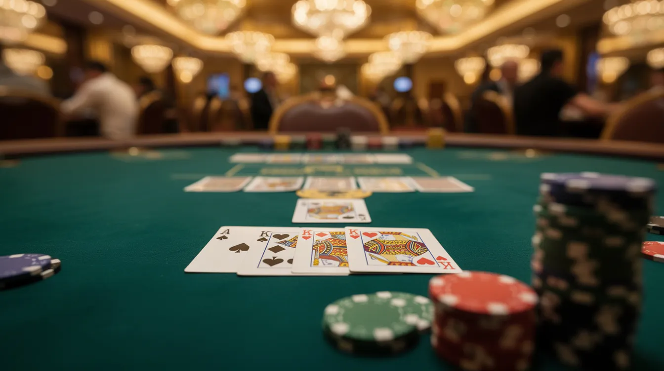 The image features a vibrant poker table in a casino setting, showcasing an array of playing cards, including four hole cards and five community cards, indicative of a No Limit Omaha Hi Lo poker game. The scene captures the excitement of betting rounds with chips stacked around the table, emphasizing the strategic elements of high and low hands in this popular pot limit game.