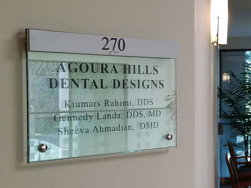 Our sign installation services include interior office suite ADA signs like this one for Agoura Hills Dental Designs in Agoura Hills, CA.