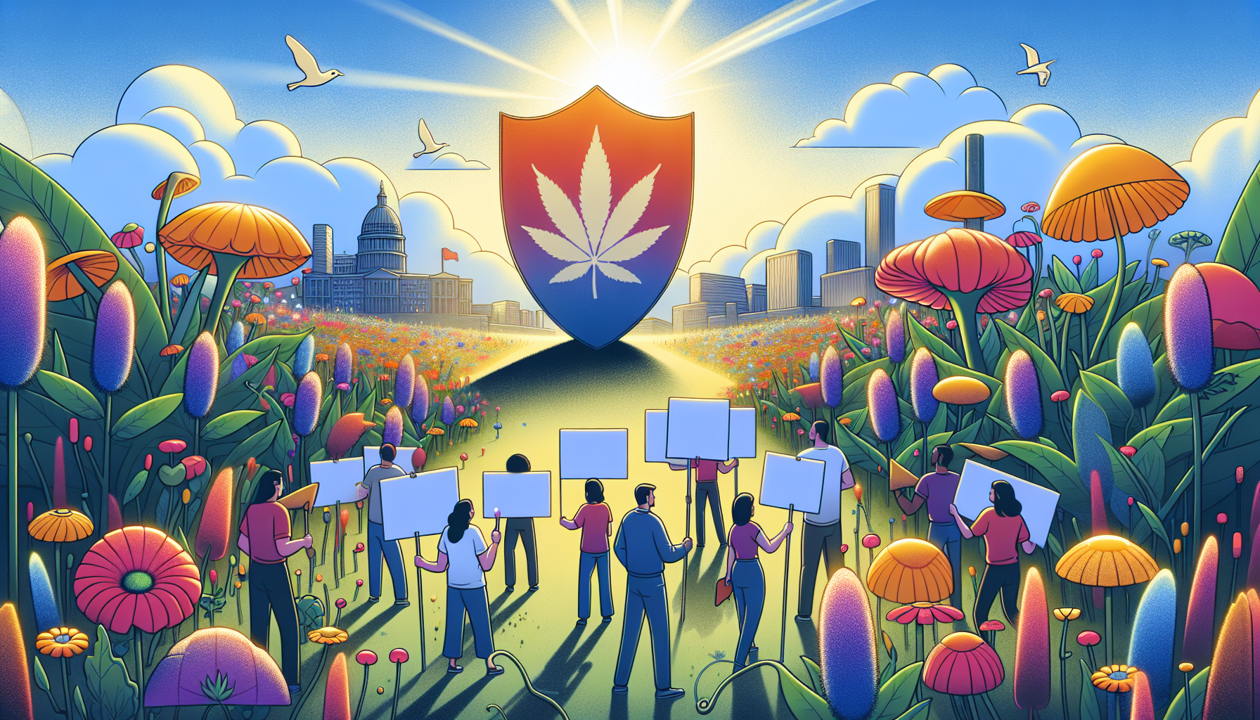 An illustration representing the fight against synthetic cannabinoids, with symbols for legislation and prevention.