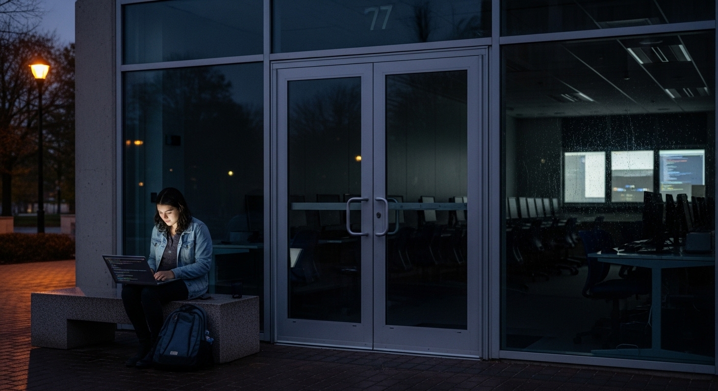 Student locked out of a closed computer lab while using a laptop outside, representing restricted access to resources.