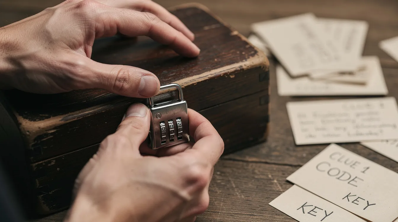 A close-up view of hands skillfully turning the dial of a combination lock on a vintage wooden box, surrounded by scattered clue cards, suggesting a team building activity focused on problem solving and collaboration. This scene captures the essence of teamwork as participants engage in a friendly competition to unlock the mysteries within the box.