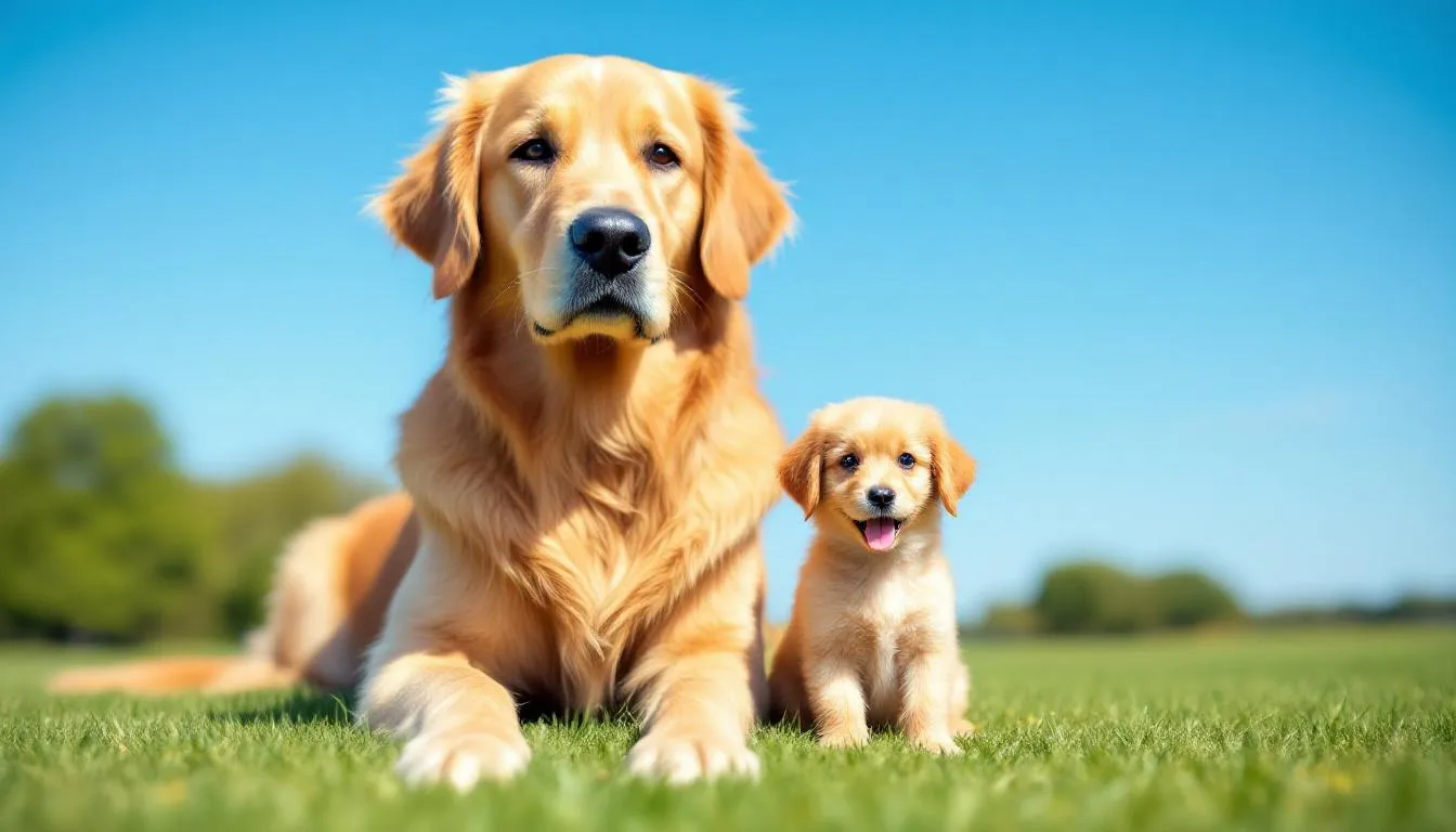 A miniature golden retriever sits next to a standard golden retriever, showcasing the size difference between the two breeds. The smaller size of the mini golden retriever highlights its adorable features, while the standard golden retriever stands tall, emphasizing the contrast in their sizes.