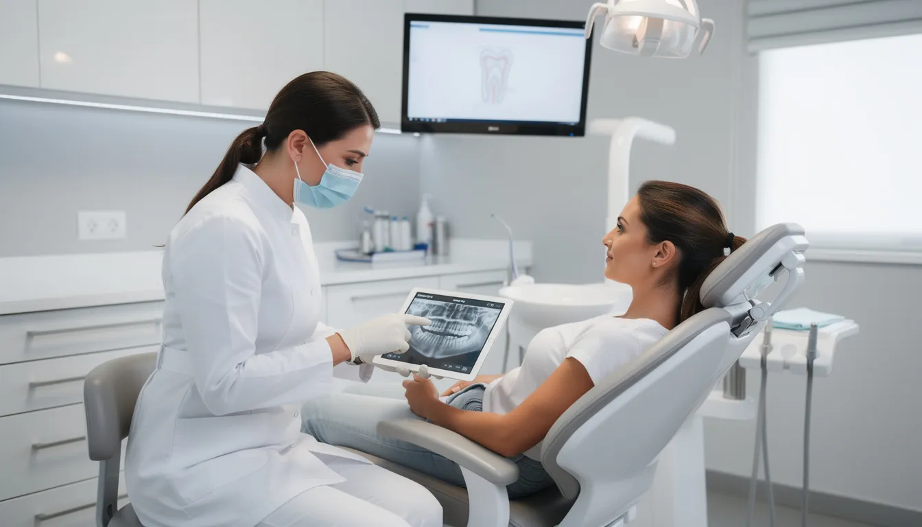 A dental professional is consulting with a patient in a modern clinic, discussing various cosmetic dentistry services such as teeth whitening and dental implants. The setting reflects a focus on personalized care and comprehensive treatment options for achieving a healthier and brighter smile.