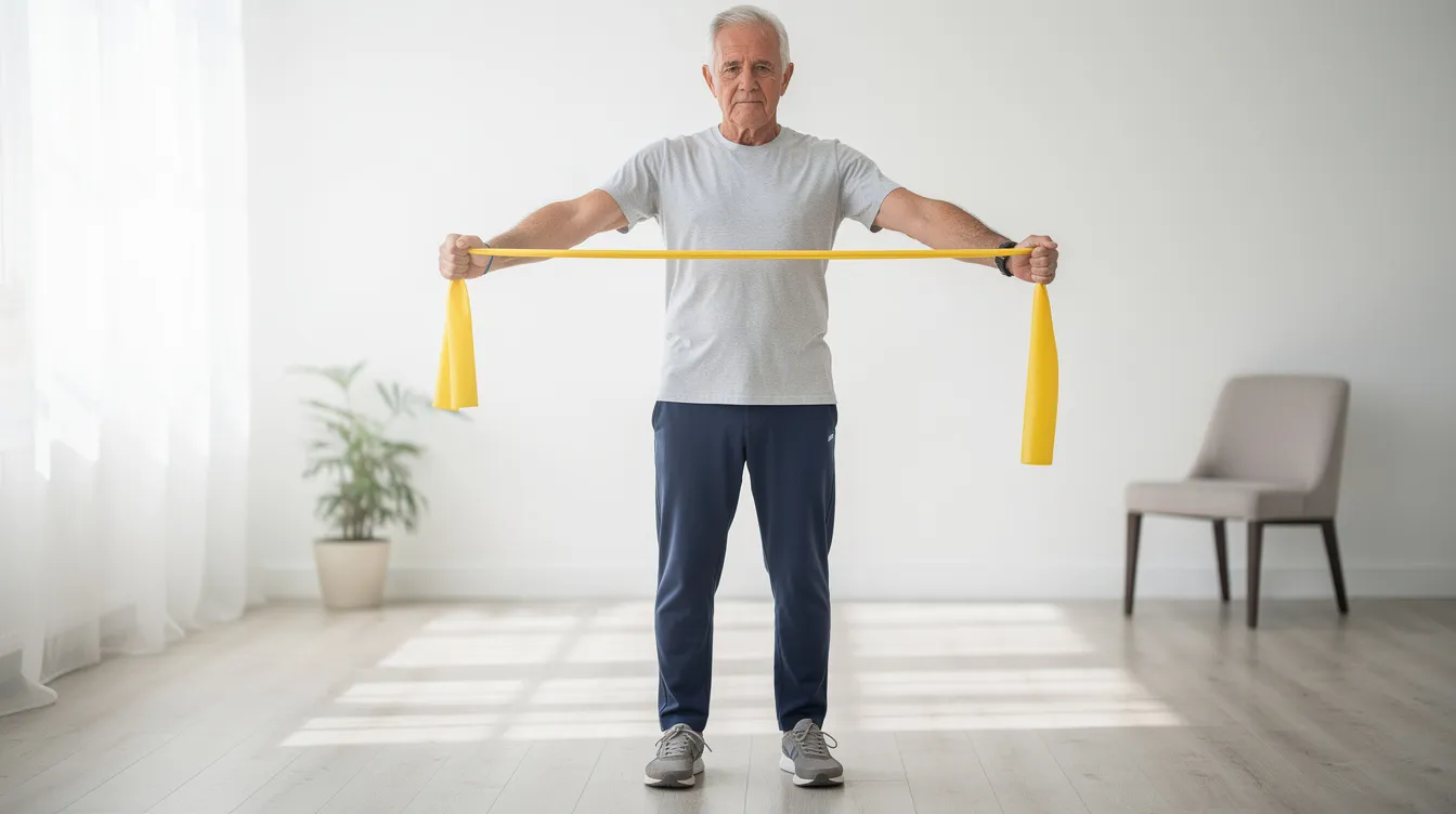 Ein älterer Mann führt in einem hellen Raum leichte Widerstandsübungen mit einem Theraband aus, um seine Muskelkraft zu erhalten und dem Muskelabbau durch Sarkopenie entgegenzuwirken. Diese Art von Training ist wichtig für Senioren, um ihre Mobilität und Selbstständigkeit zu fördern und das Sturzrisiko zu verringern.