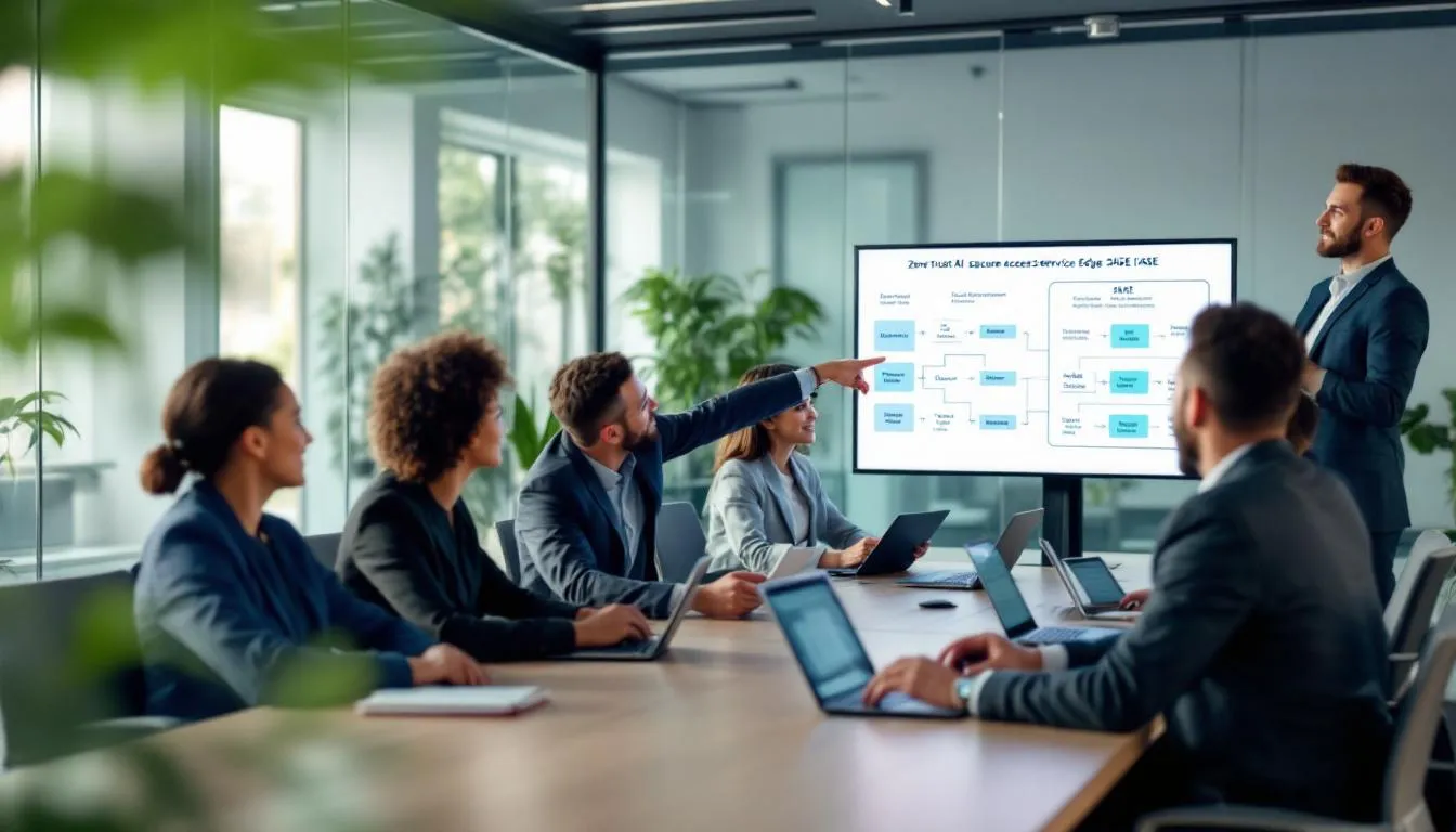 A diverse team collaborates at a conference table, discussing the integration of new SASE policies for zero trust AI security. They are focused on implementing strict access controls and security measures to safeguard sensitive data and mitigate potential AI security risks.