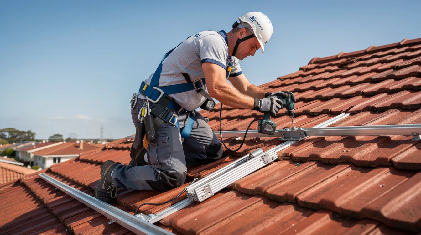 A professional installer is seen mounting a satellite dish bracket on a tiled roof, ensuring quality workmanship for a reliable DSTV installation. This accredited installer is part of the DSTV installation services, providing solutions for homeowners in South Africa.