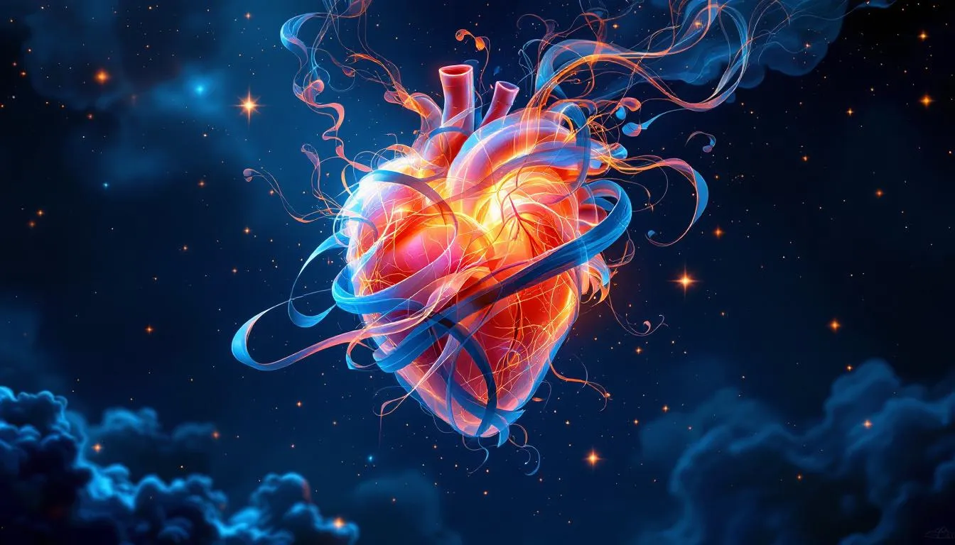 Obraz przedstawia symboliczne połączenie serca z elementami reprezentującymi naszą podświadomość, ukazując potęgę podświadomości oraz jej wpływ na emocje i zachowania w życiu codziennym. W tle widoczne są abstrakcyjne kształty, które symbolizują myśli i uczucia, podkreślając znaczenie pracy z podświadomością w osiąganiu celów i pozytywnych zmian.