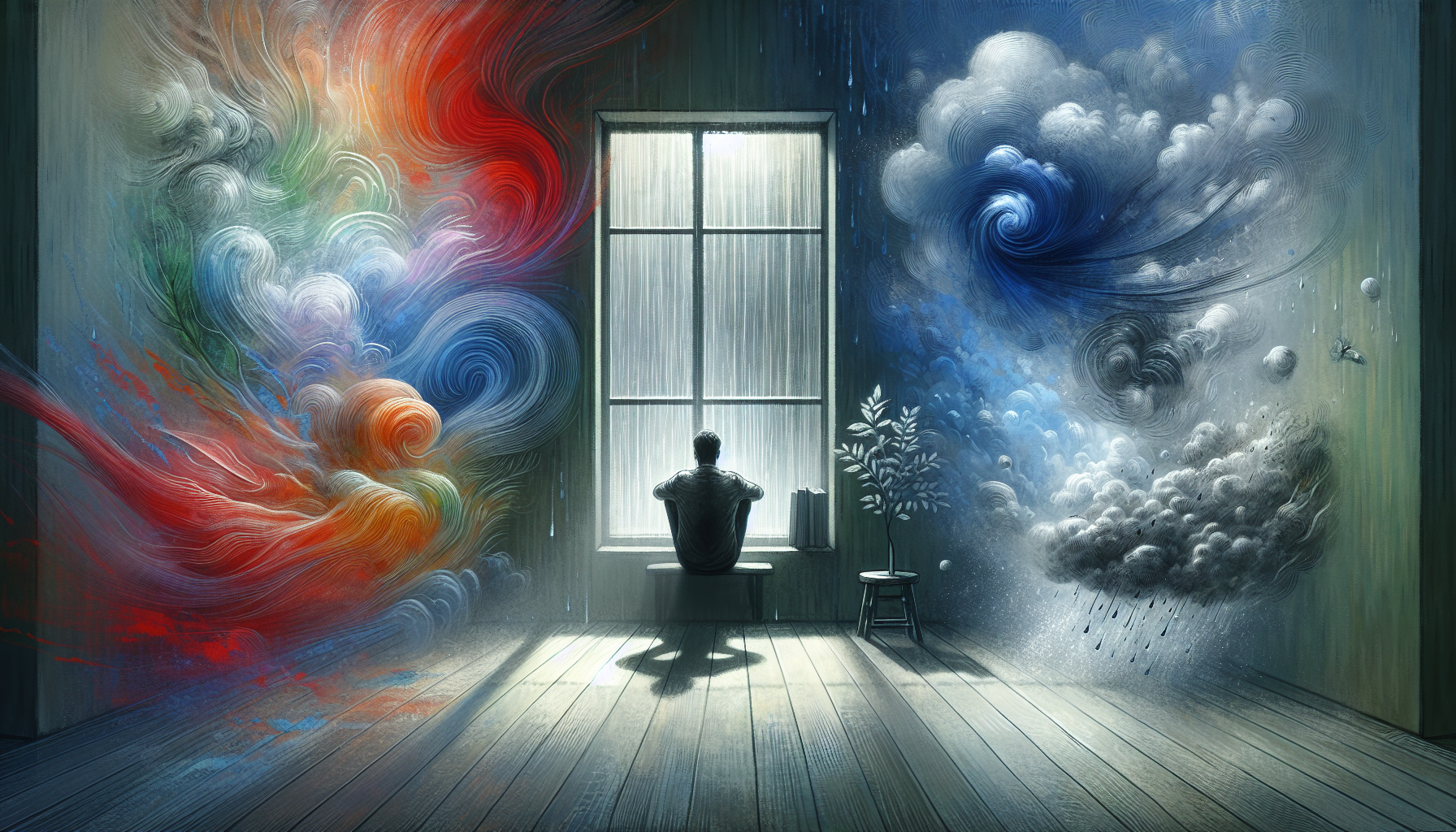 Person sitting alone by the window, surrounded by emotions and thoughts