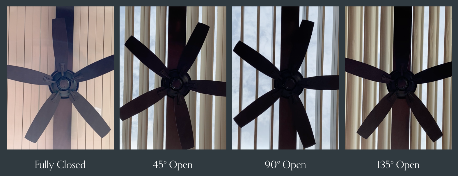 Ceiling Fans on a louvered roof with various degrees of the roof being open