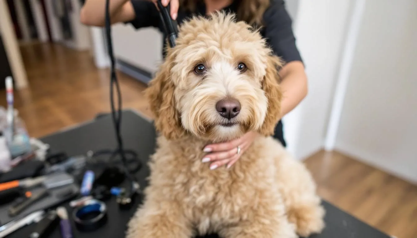 A curly-coated F1B toy goldendoodle is being pampered during a professional grooming session, showcasing its soft, non-shedding coat. This affectionate and friendly breed is a popular choice for families and pet owners, particularly those with allergies.