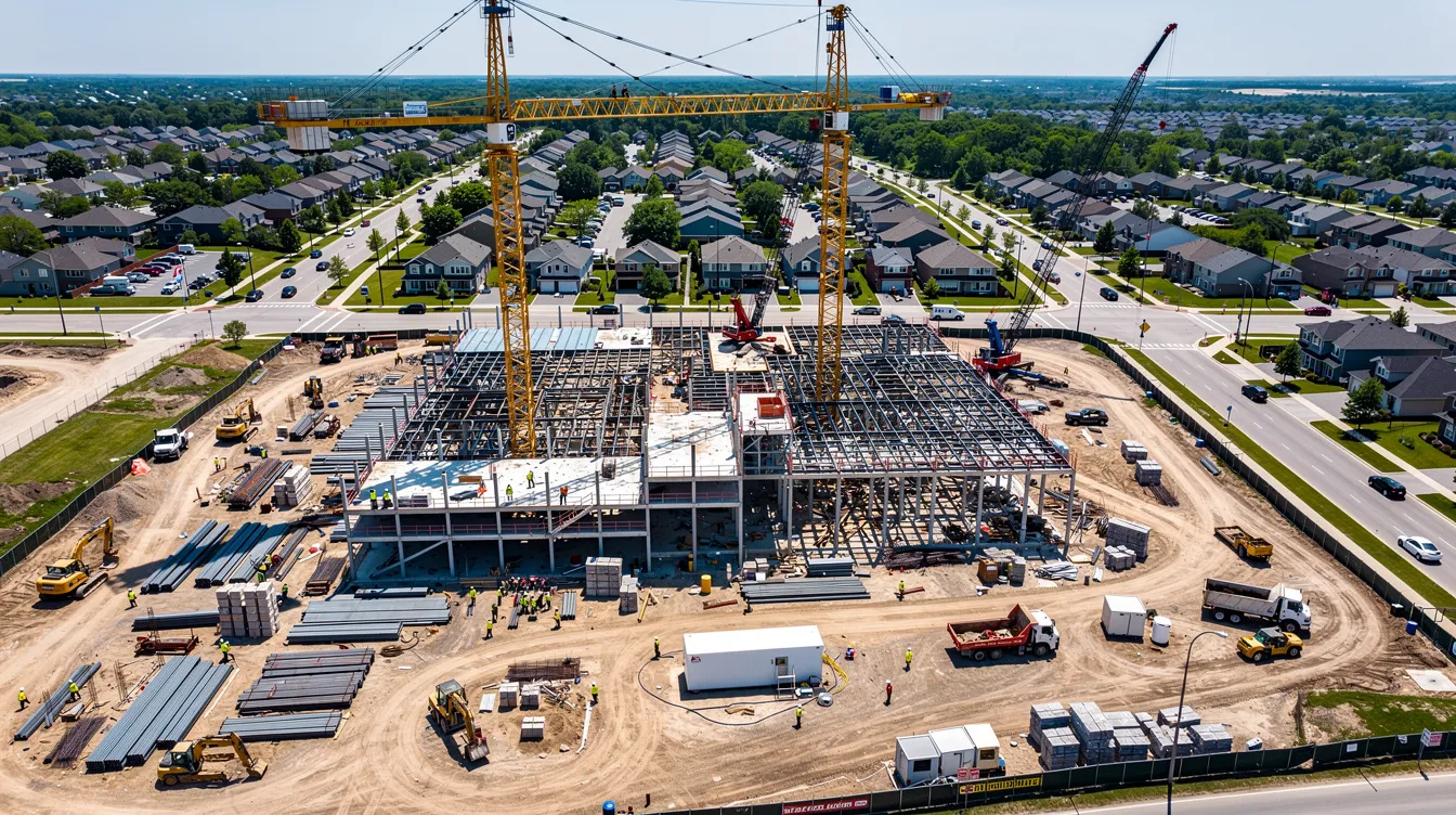 An aerial view of a large commercial construction site showcases cranes and steel framing in a suburban area, highlighting the scale of the construction project. This bustling site reflects the importance of accurate estimates and project planning to ensure efficient project delivery and minimize potential issues.