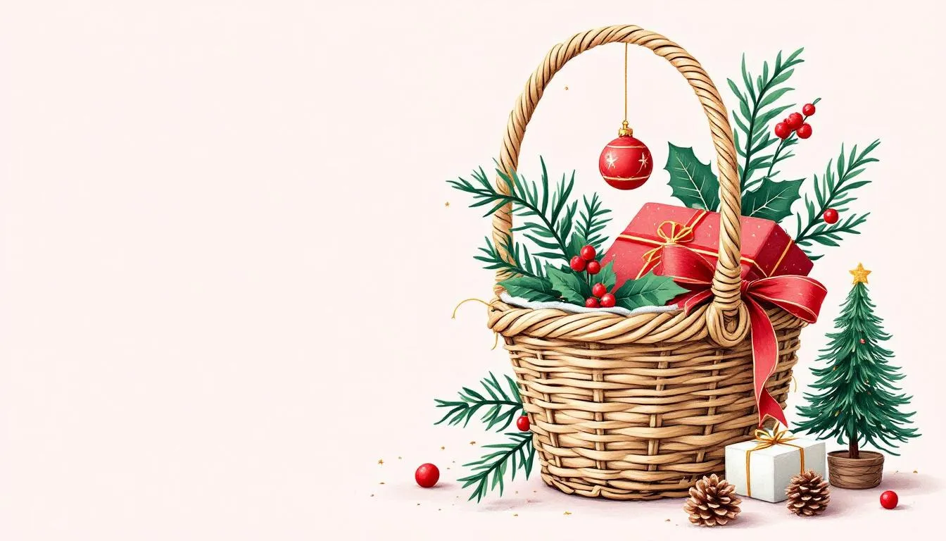 Setting the theme for your Christmas gift basket with festive decorations.