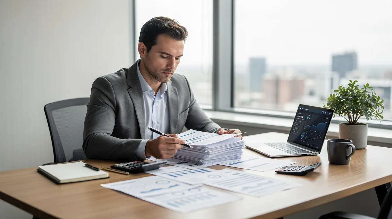 A business owner is seated at a desk, intently reviewing paperwork and financial documents, with a laptop open beside them, likely assessing contractual obligations and preparing for potential contract disputes or termination clauses. The scene reflects the importance of legal guidance in business operations, highlighting the careful consideration required in managing agreements and obligations.