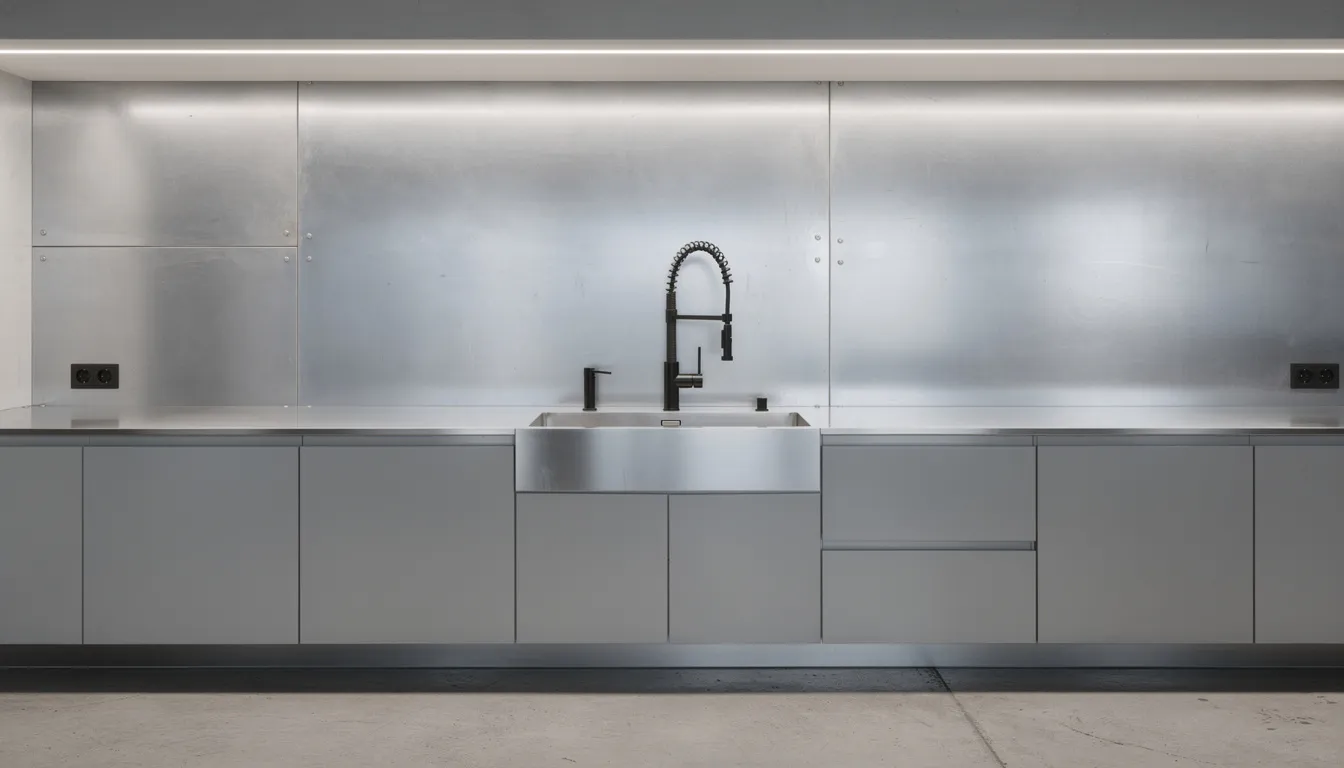 Een industriële keuken met staalkleurige wandpanelen en zwarte kranen, die samen een stijlvolle uitstraling creëren. De metalen wandpanelen dragen bij aan de luxe en moderne look van de ruimte.