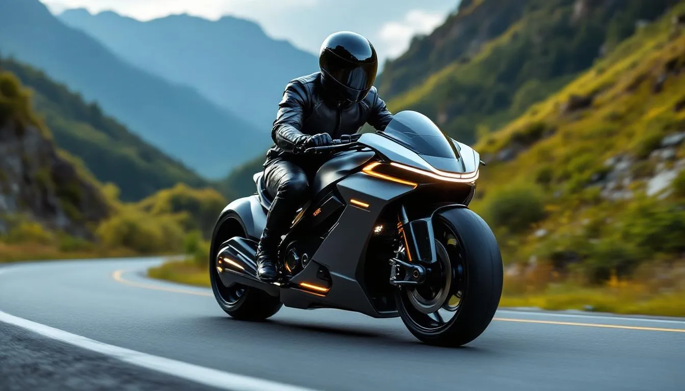 A rider wearing a motorcycle helmet on a scenic road.