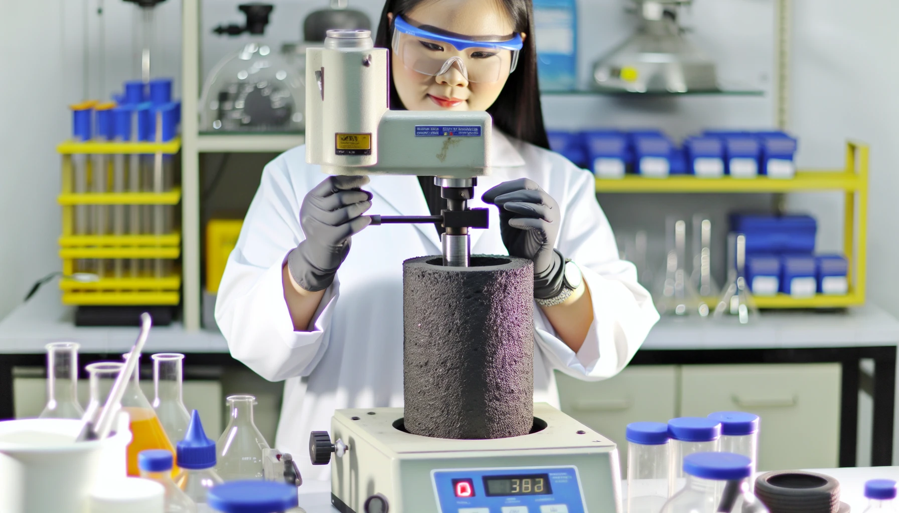 A laboratory technician conducting a Marshall test on an asphalt specimen