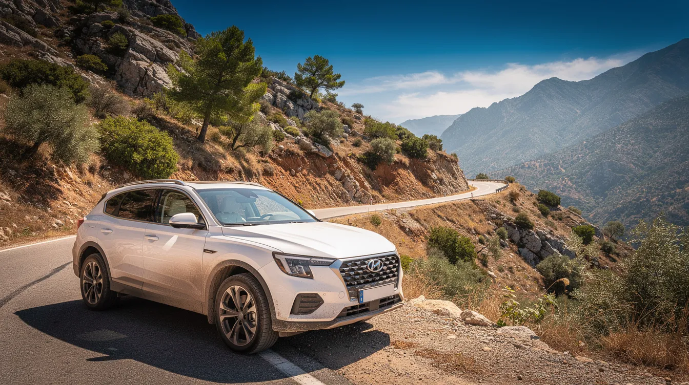 Un SUV bianco parcheggiato su una tortuosa strada di montagna circondata da vegetazione mediterranea.