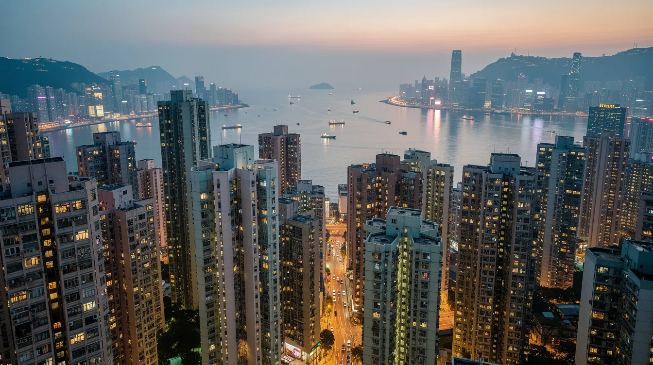 The image depicts a cluster of residential apartment buildings in Hong Kong, showcasing a stunning harbour view in the background. The scene captures the urban landscape, highlighting the architectural diversity of the city, which is significant for 公務員嘅房屋政策及城市發展。