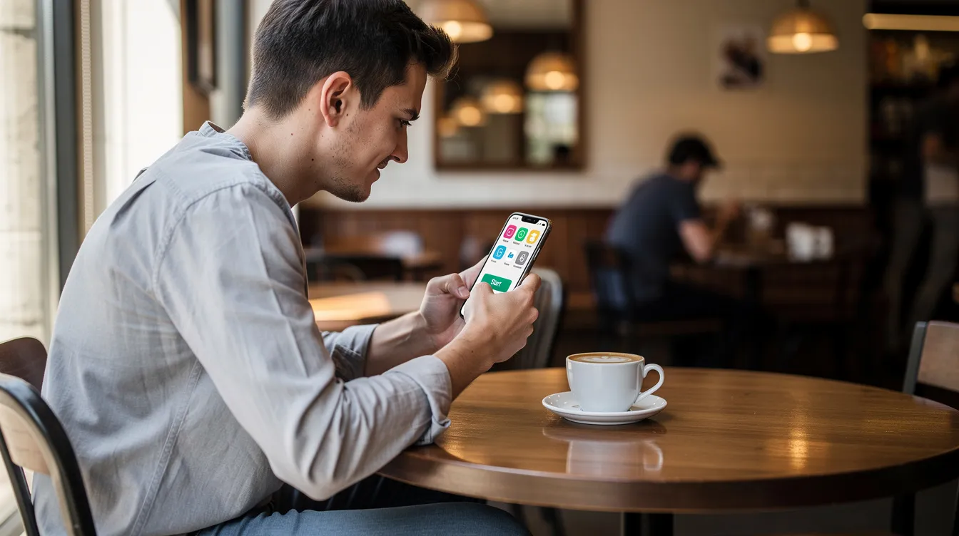 A person is sitting at a cafe table, sipping coffee while using a smartphone app to manage international money transfers. The app likely helps them send money abroad securely and efficiently, showcasing the convenience of modern financial transactions.