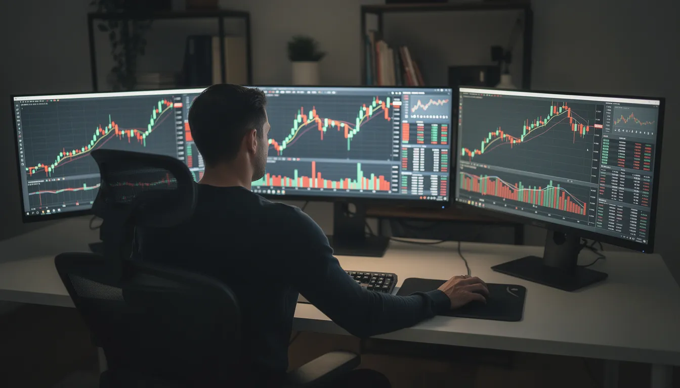 The image depicts a person seated at a desk with multiple computer monitors displaying vibrant trading charts and candlestick patterns, indicative of forex trading activities. This setup suggests a focus on analyzing market trends and currency price movements in the foreign exchange market.