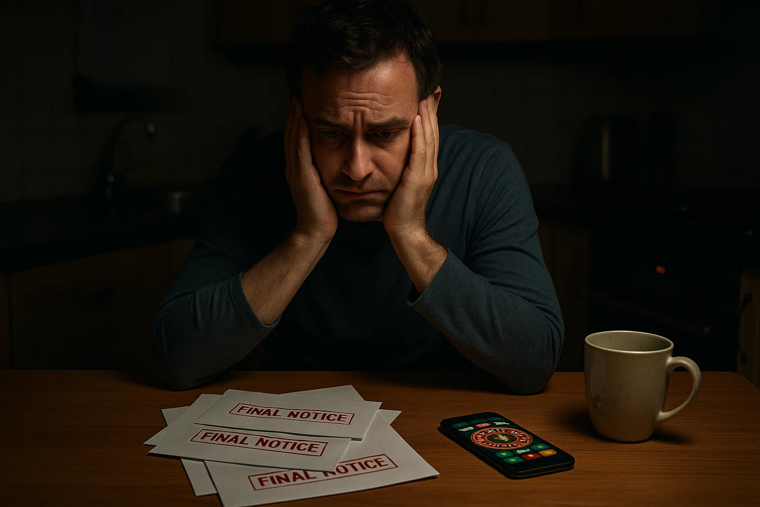 Man sitting at a kitchen table with overdue bills marked “FINAL NOTICE” and a phone showing online gambling, looking anxious.