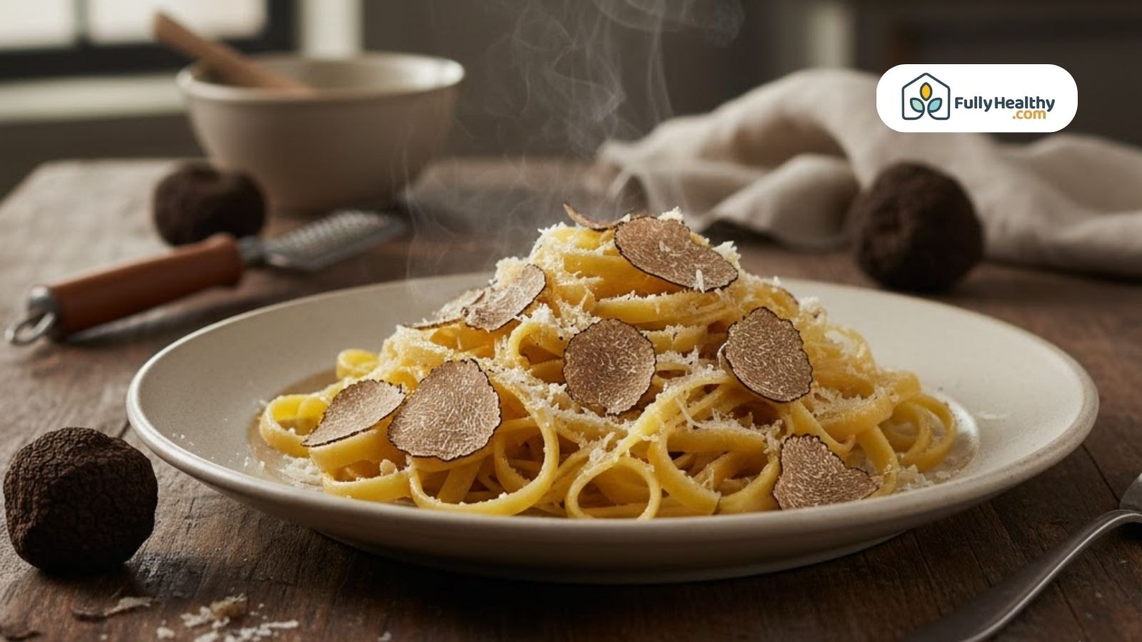Plate of pasta topped with shaved black truffles in a rustic kitchen setting, with whole truffles in the background.