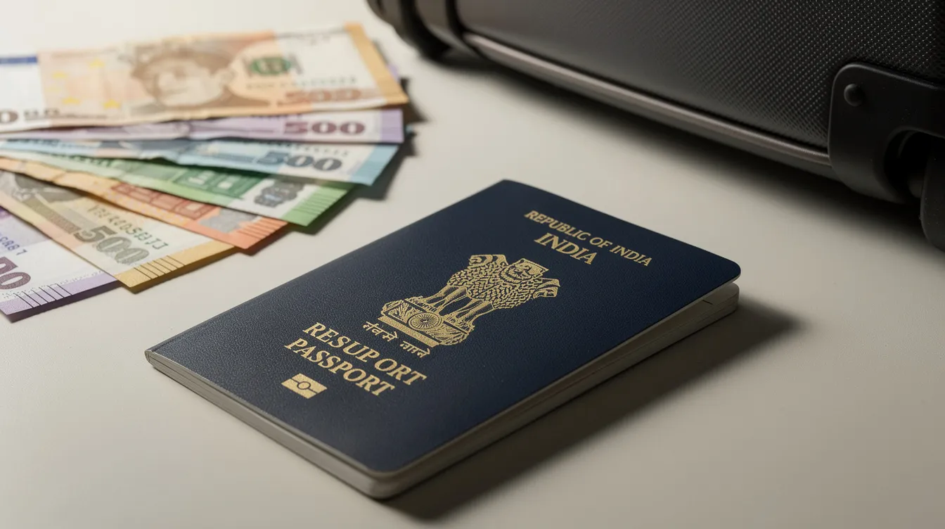 The image features an Indian passport placed next to various foreign currency notes and a travel bag, symbolizing the journey of a non-resident Indian preparing for international travel or outward remittances. This visual representation highlights the importance of financial services, such as those offered by the central bank of India, for facilitating currency exchanges and secure transactions abroad.