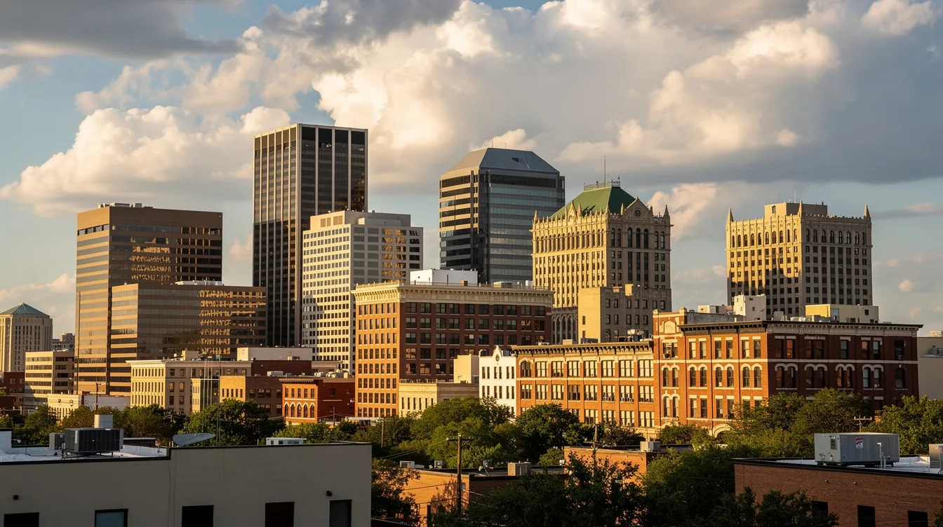 The image depicts the downtown skyline of a mid-sized Southern American city, showcasing a blend of modern and historic buildings under a partly cloudy sky. This vibrant urban landscape is a potential hub for real estate investors seeking opportunities in Alabama, including hard money loans for investment properties and quick funding options.