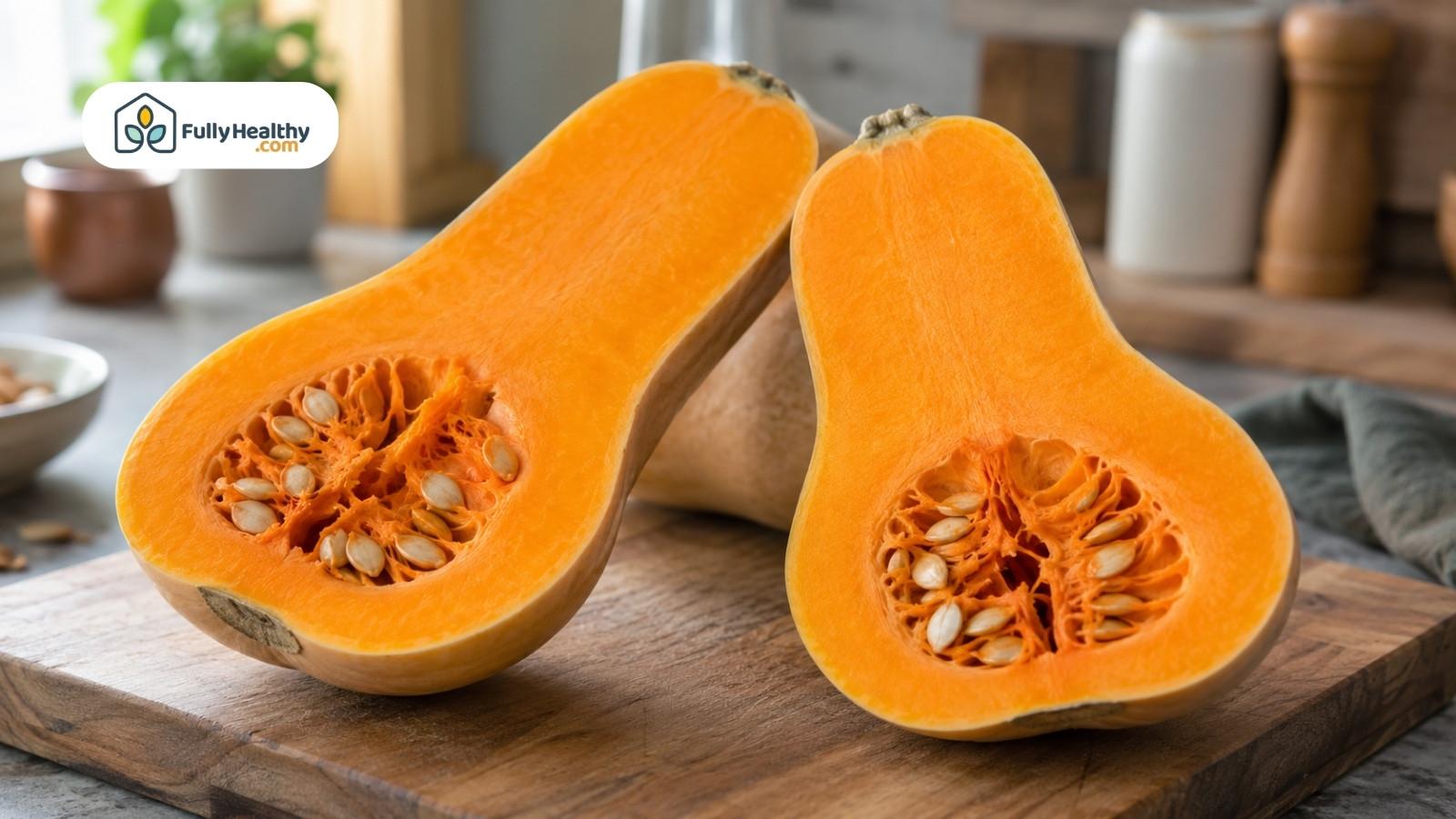 Halved butternut squash showing seeds on wooden board in bright kitchen