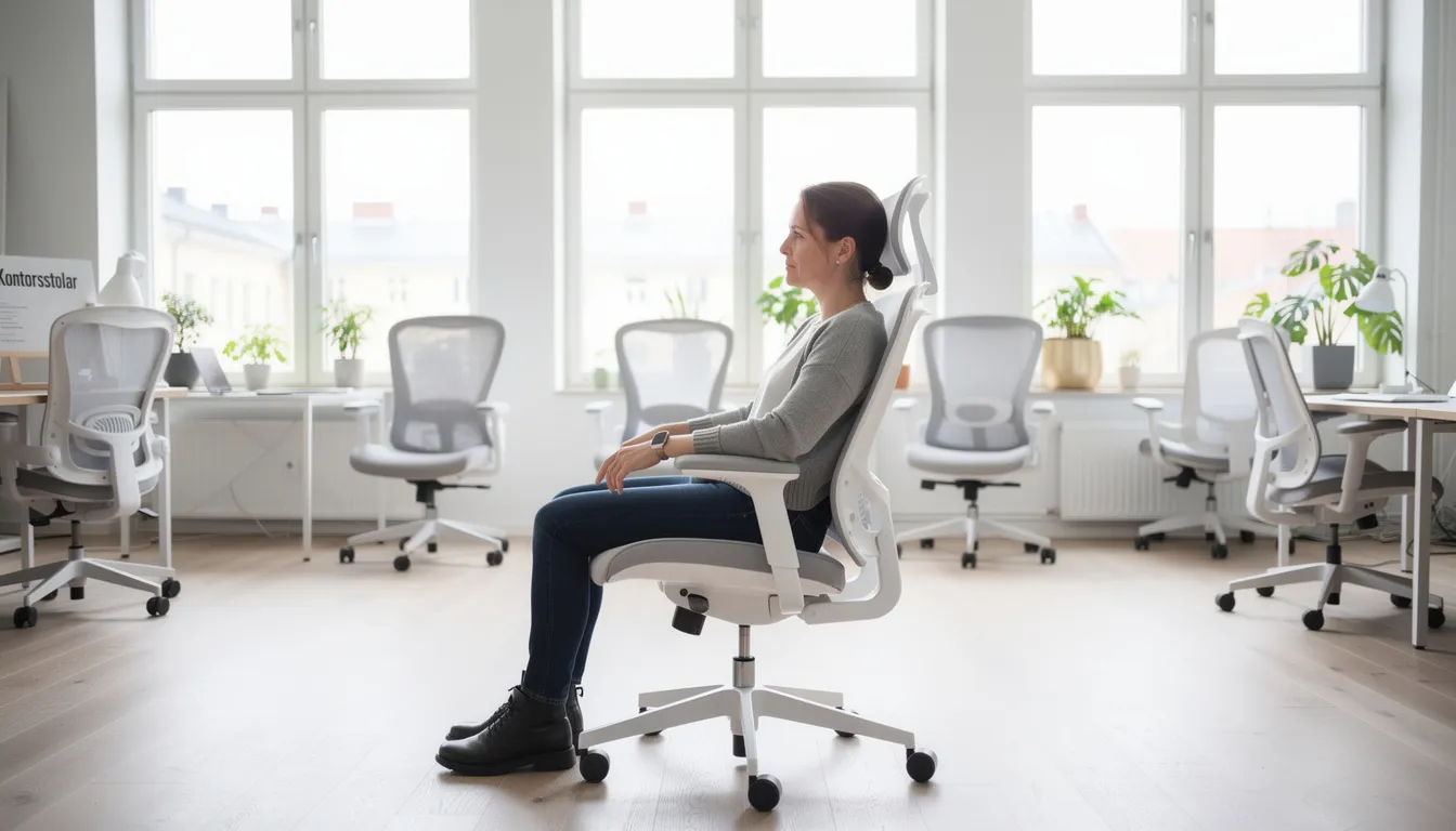 En person sitter på en ergonomisk kontorsstol i ett ljust showroom, där stolen justeras för att passa den sittandes kropp och behov. Stolen erbjuder funktioner som justerbart svankstöd och armstöd, vilket bidrar till en bekväm och ergonomisk sittupplevelse.