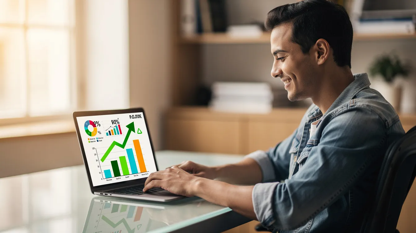 Eine Person schaut zufrieden auf einen Laptop-Bildschirm, auf dem positive Ergebnisse und Grafiken angezeigt werden, die Einblicke in die Sichtbarkeit und Performance ihrer Website bieten. Diese Darstellung könnte durch ein SEO-Tool wie Semrush unterstützt werden, um den Erfolg im Content Marketing und der Keyword Recherche zu optimieren.