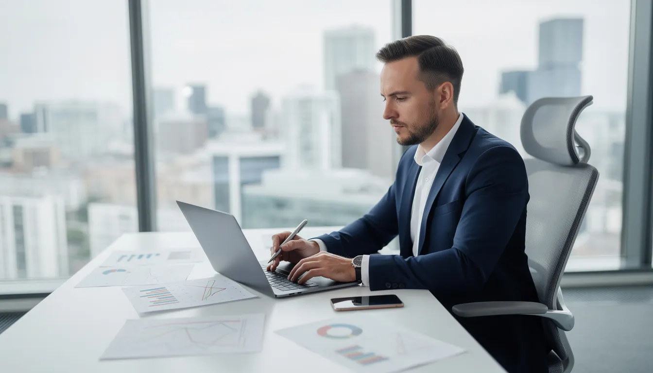 Na obrazku widzimy przedsiębiorcę pracującego przy laptopie w nowoczesnym biurze, który analizuje dokumenty finansowe, w tym wystawione faktury i informacje dotyczące płatności. Jego działania mogą obejmować korzystanie z usług faktoringowych, co przyspiesza płatności i utrzymuje płynność finansową firmy.