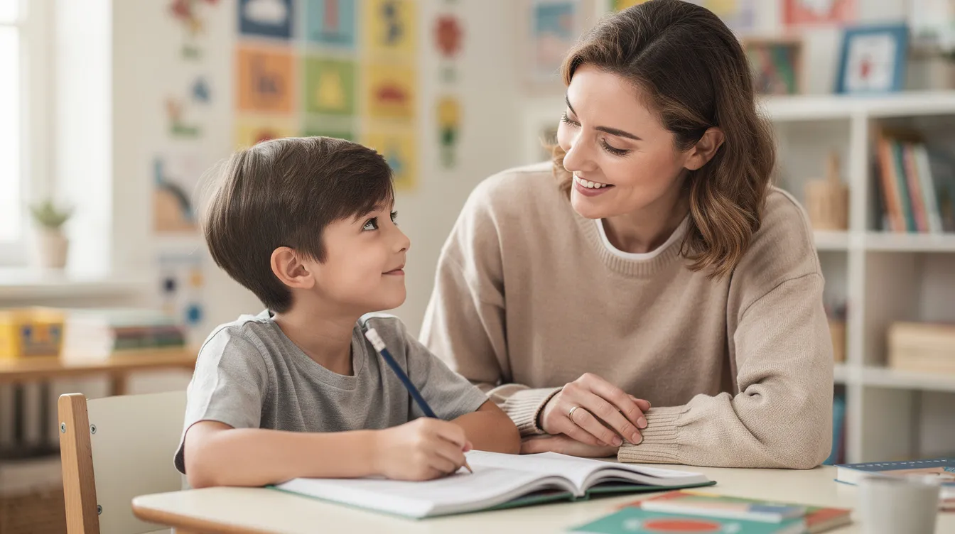 A child is smiling gently while working one-on-one with a tutor at a small table, creating a supportive environment that fosters academic confidence and emotional well-being. This interaction highlights the importance of professional support and teaching students coping skills to manage academic anxiety.