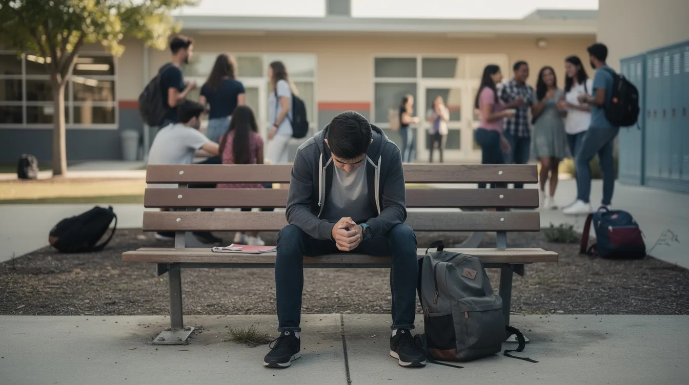 A frustrated teenager sits alone on a bench in a school courtyard, observing other teens interacting joyfully in the background. This scene may reflect feelings often associated with oppositional defiant disorder, highlighting the challenges of emotional disturbance and defiant behavior in social contexts.