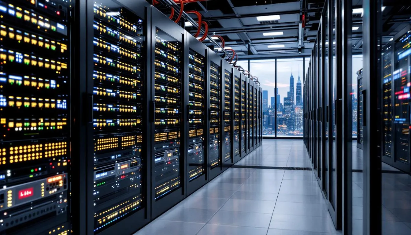 A modern data center is depicted, filled with rows of servers and networking equipment that symbolize enterprise data infrastructure. This environment supports essential functions such as metadata management, data governance, and effective data management, ensuring data quality and usability for data scientists and business users alike.