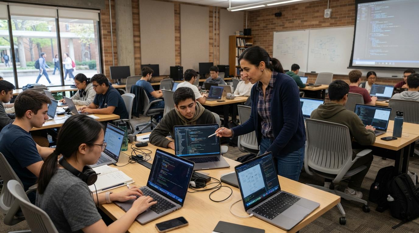 Photorealistic computer science classroom with students working on laptops displaying programming projects while an instructor reviews assignments, authentic university environment.