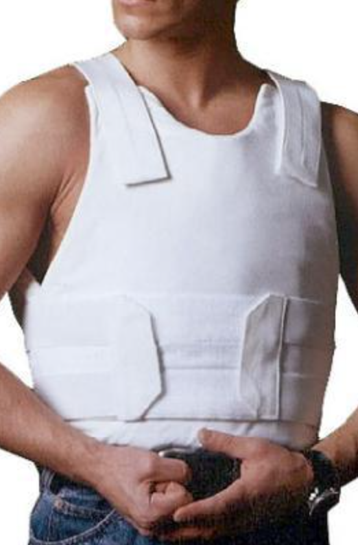 Man wearing ISRAEL CATALOG LEVEL IIIA SP1 CONCEALED STAB PROOF AND BULLETPROOF VEST in white