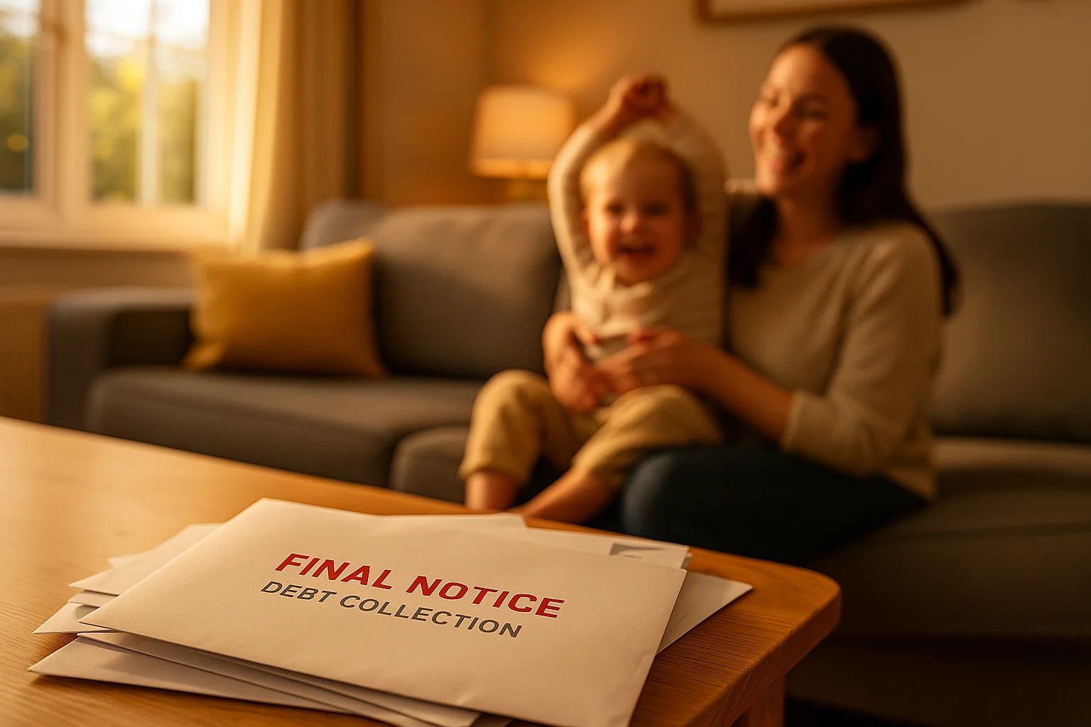 Person spending time with their child on the sofa while unopened debt letters lie on the coffee table.