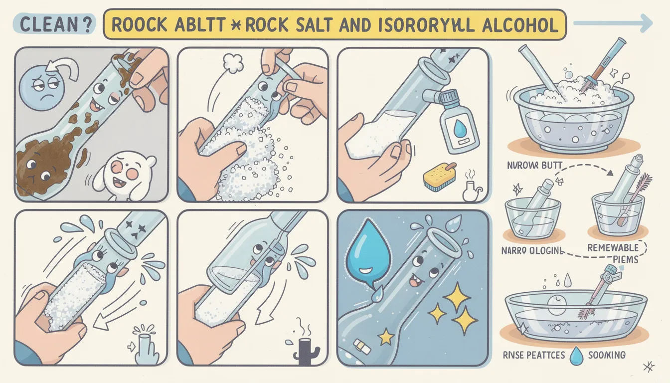 Verschiedene Reinigungsmethoden für Bongs, einschließlich Salz und Alkohol.
