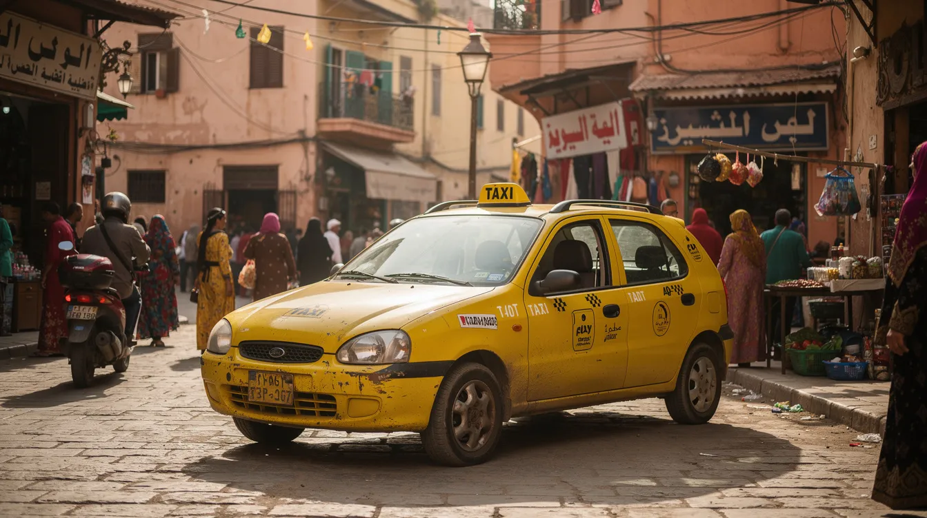 A yellow petit taxi is parked on a bustling street in a Moroccan city, surrounded by pedestrians and shops, reflecting the vibrant local economy and tourism industry. This scene captures the essence of daily life in Morocco, where taxi drivers play a vital role in providing good service to travelers.