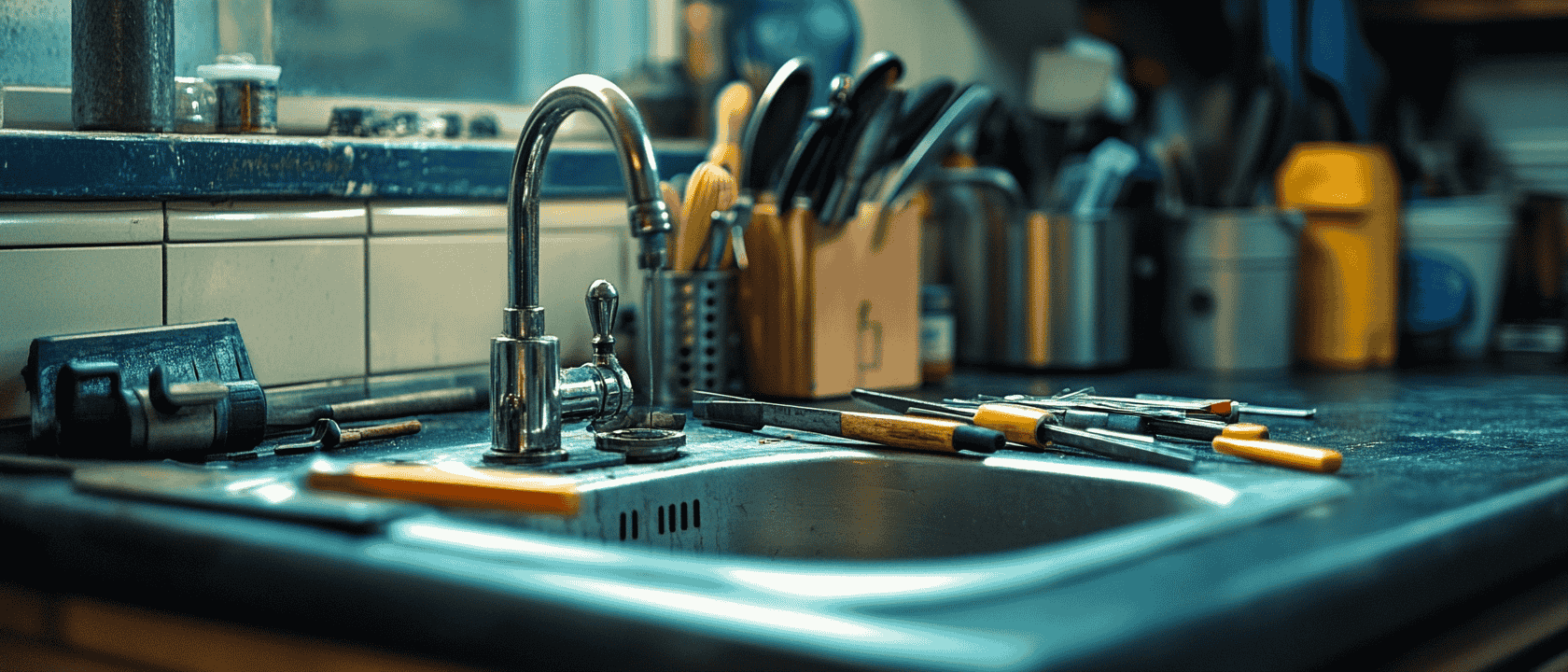 An illustration of essential tools for fixing a dripping tap, including a wrench and screwdriver.