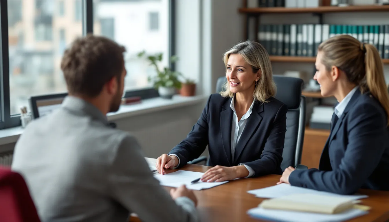 Een notaris legt documenten uit aan cliënten in een kantooromgeving, waarbij hij hen informeert over de structuur van een beperkte aansprakelijkheidsmaatschappij (LLC) en de voordelen van de aansprakelijkheidsbescherming die het biedt aan de eigenaren. De cliënten luisteren aandachtig en stellen vragen over de juridische aspecten van hun bedrijf.