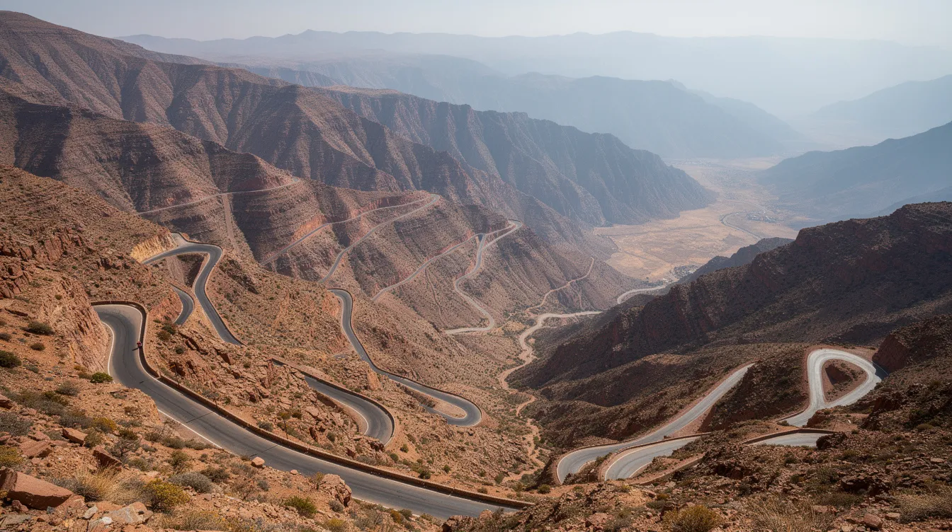 Une route de montagne sinueuse, bordée de falaises impressionnantes, serpente à travers le Haut Atlas marocain, offrant une vue spectaculaire sur les paysages environnants. Cette image évoque l'idée d'un road trip en voiture à Marrakech, parfait pour explorer les merveilles naturelles du Maroc.