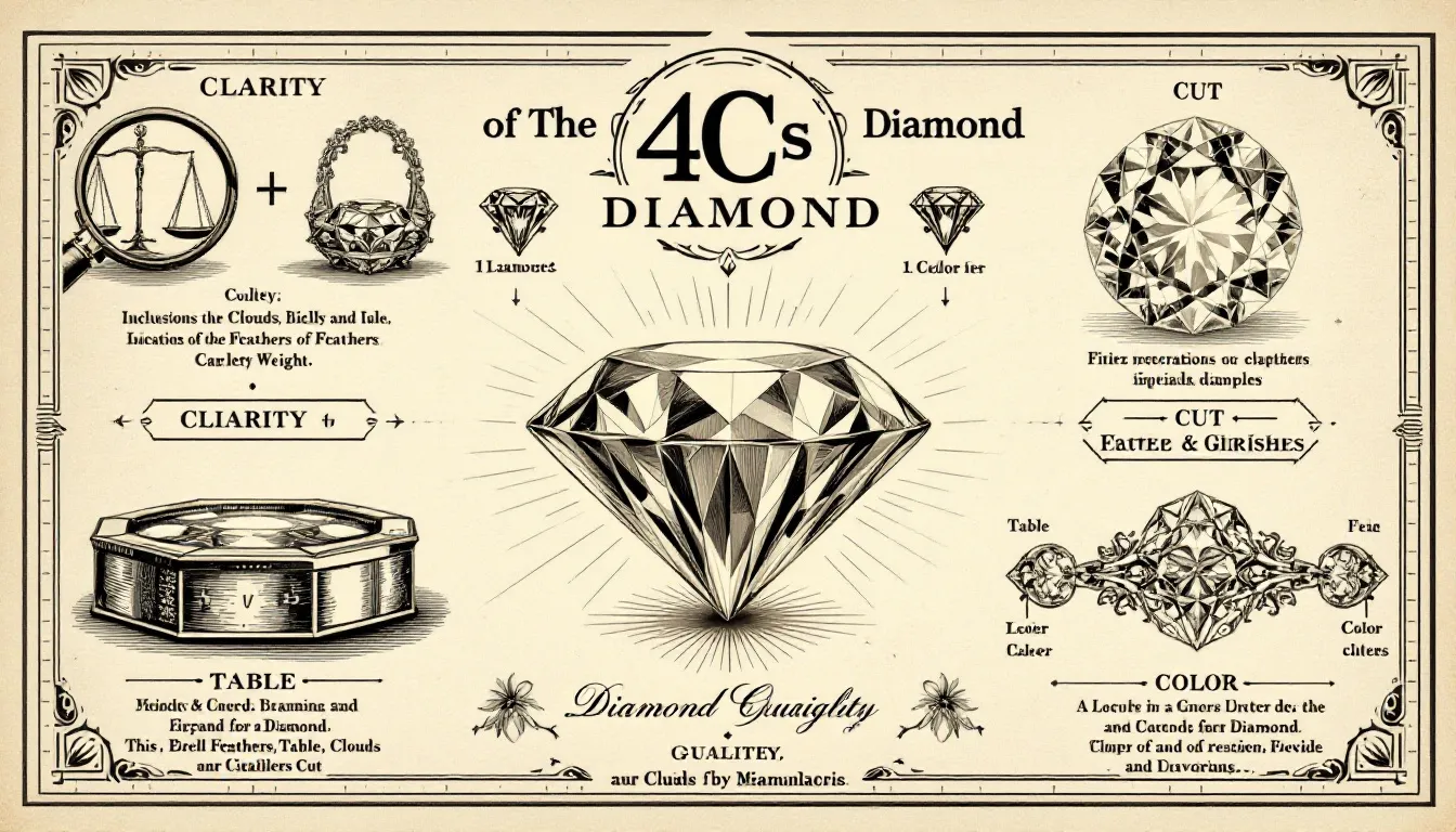 Illustration of the 4Cs of diamond quality, including cut, color, clarity, and carat weight.