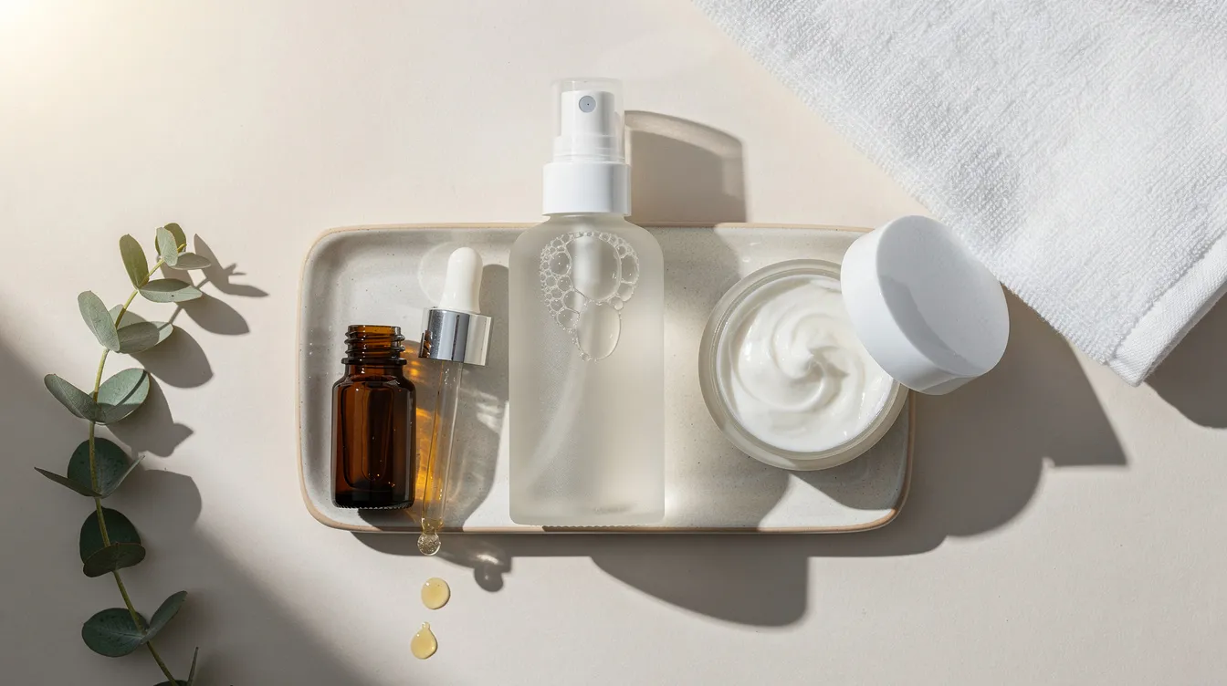 Morning skincare products including a hypochlorous acid spray bottle, serum, and moisturizer designed to protect and hydrate sensitive skin.