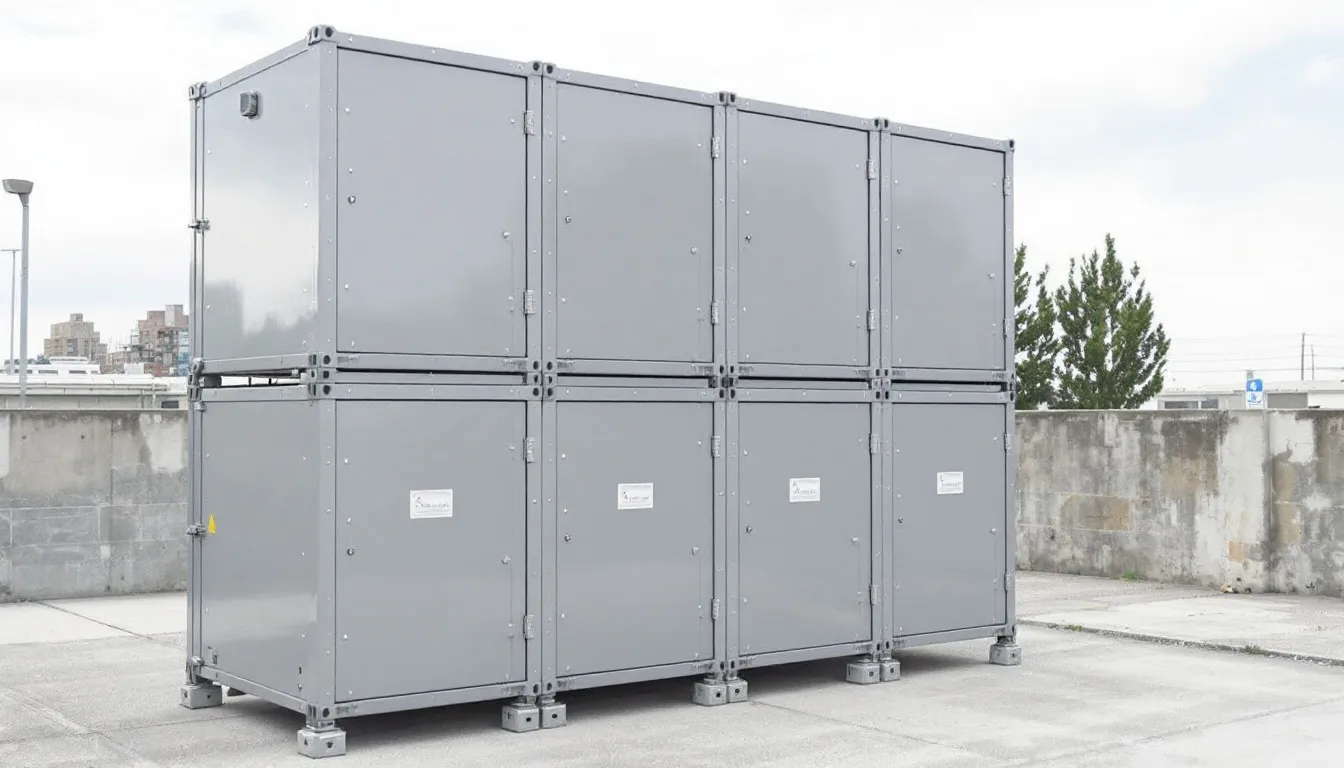 The image shows multiple anti-vandal units arranged in a stacked and modular configuration, showcasing a range of portable cabins designed for various purposes such as offices and meeting rooms. These units provide flexible space options to meet customer requirements on site.