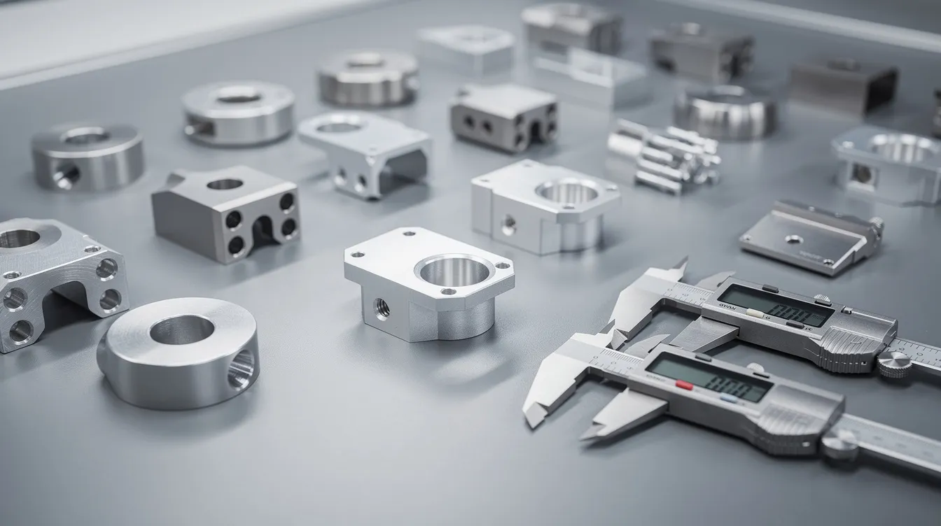 The image features a variety of precision-machined aluminum and stainless steel components neatly arranged on a quality inspection table, accompanied by calipers for measurement. This setup highlights the importance of high precision machining and meticulous inspection processes in manufacturing.