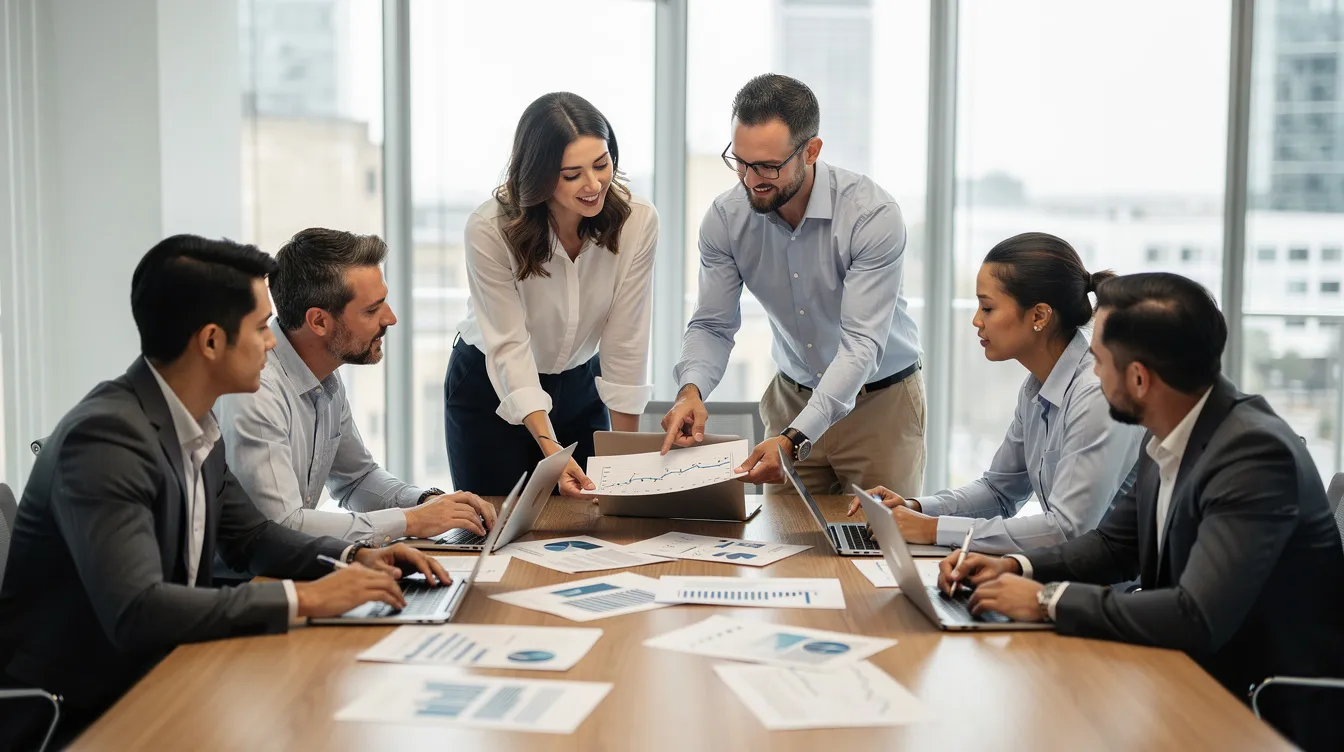 A diverse group of professionals in business casual attire is gathered around a table, reviewing documents and discussing details while laptops and printed materials are spread out in front of them. This collaborative environment suggests a focus on contract agreements and potential resolutions, possibly related to employer and union negotiations.