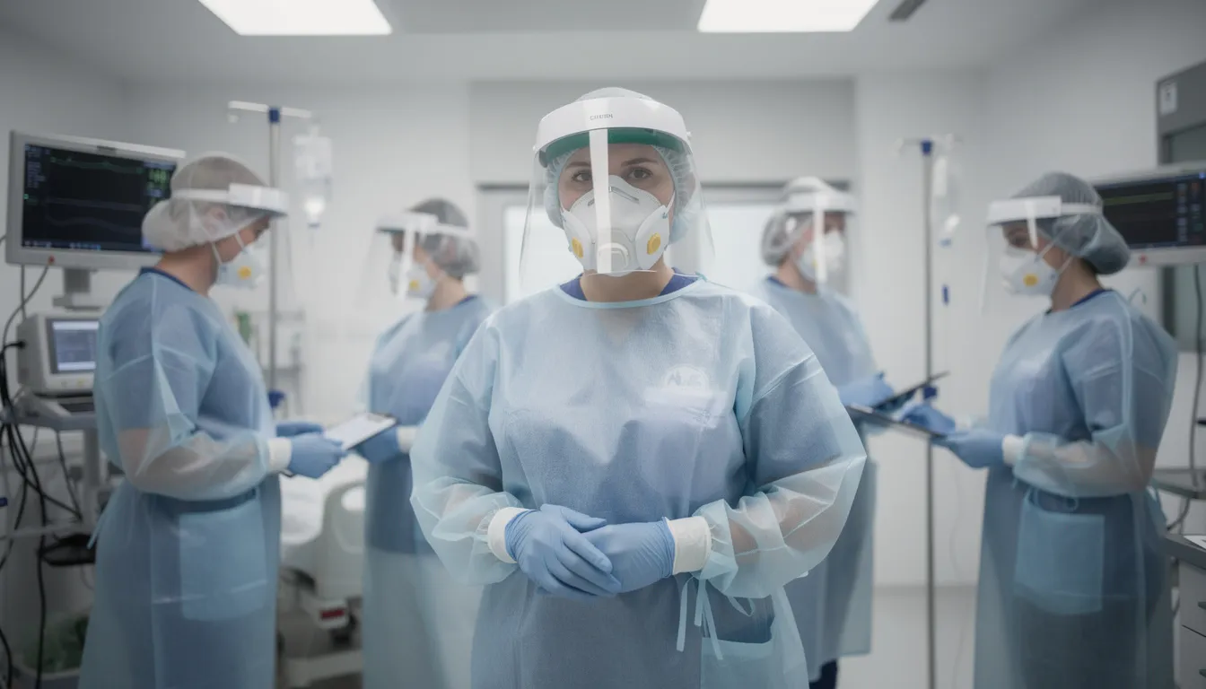En sjukvårdspersonal i skyddsutrustning står i en medicinsk miljö, redo att utföra en röntgenundersökning av lungorna. I bakgrunden finns utrustning som används för att ta bilder som visar eventuella förändringar eller skador i lungorna.