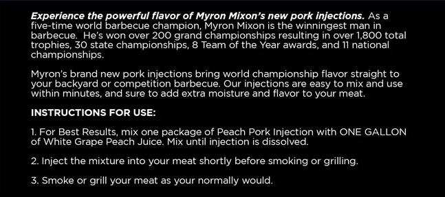 Myron Mixon Pork Injection instructions for use on back of package